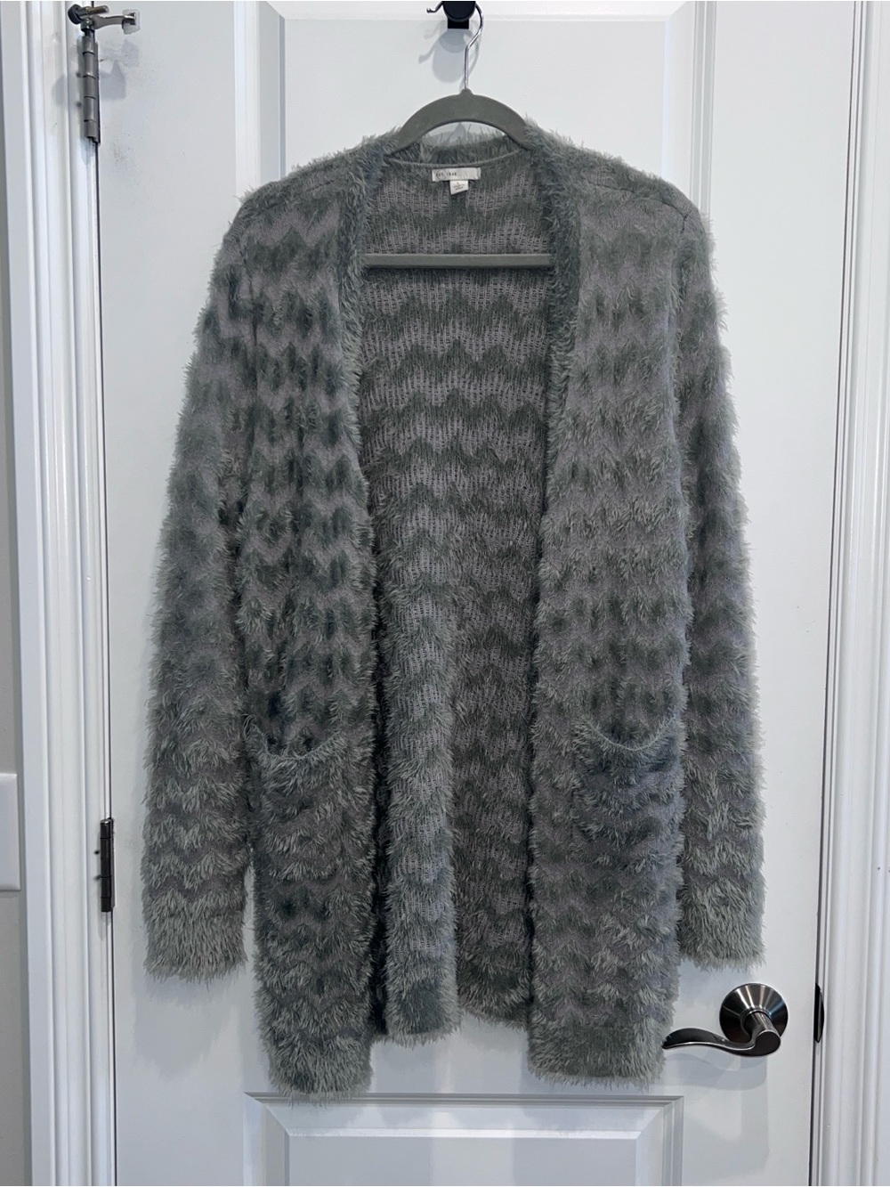 Est. 1946 Fuzzy Eyelash Cardigan Sweater Women Large Gray Shaggy Open Front